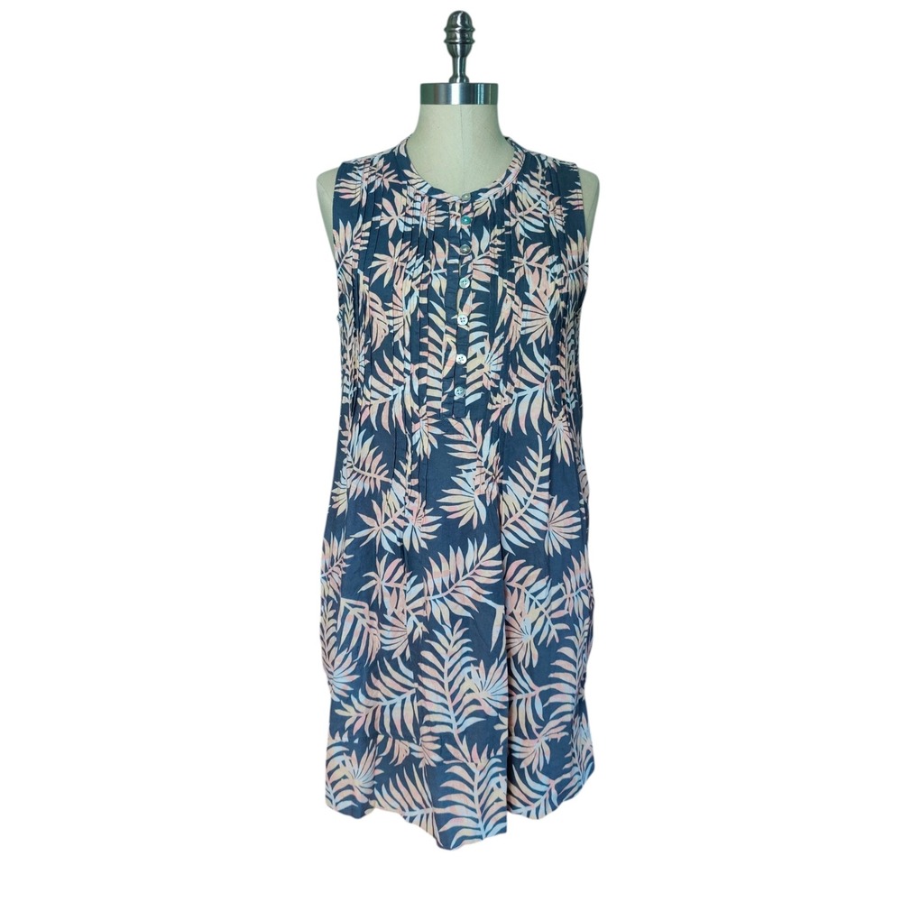 Faherty Isha Linen Blend Shift Dress Palm Print Sleeveless Coastal Pintuck Sz M